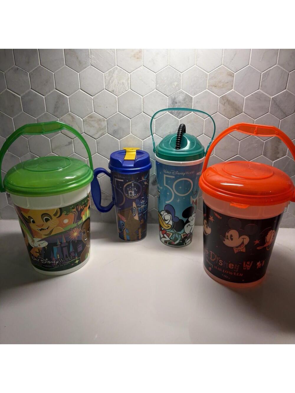 4 Lot Whirley Walt Disney Parks World Buckets & Drinks 50th Popcorn Halloween